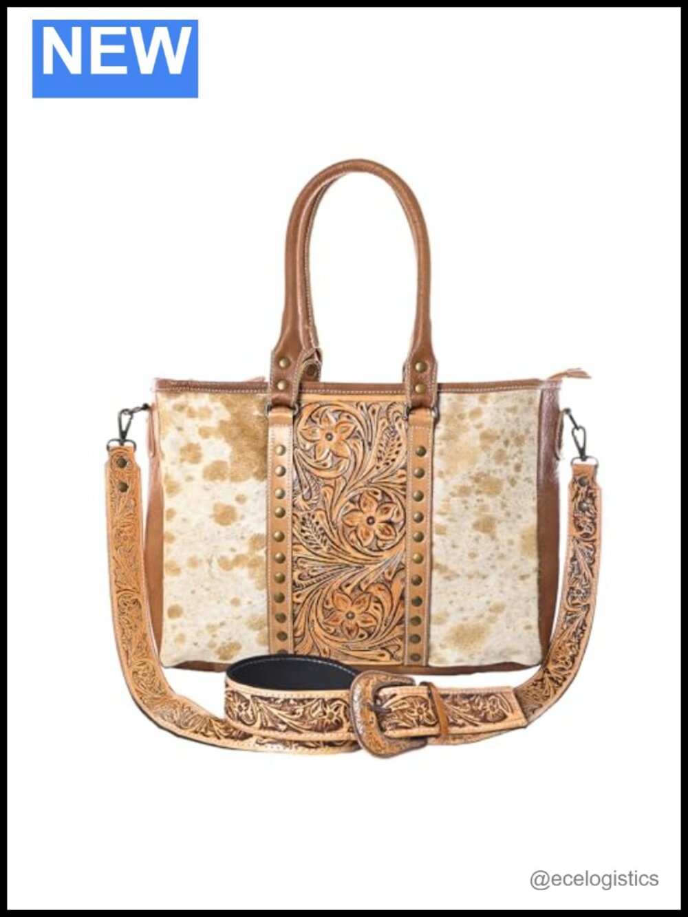 Women's Cowhide Leather Tote Bag with Adjustable Tooled Shoulder Strap Western